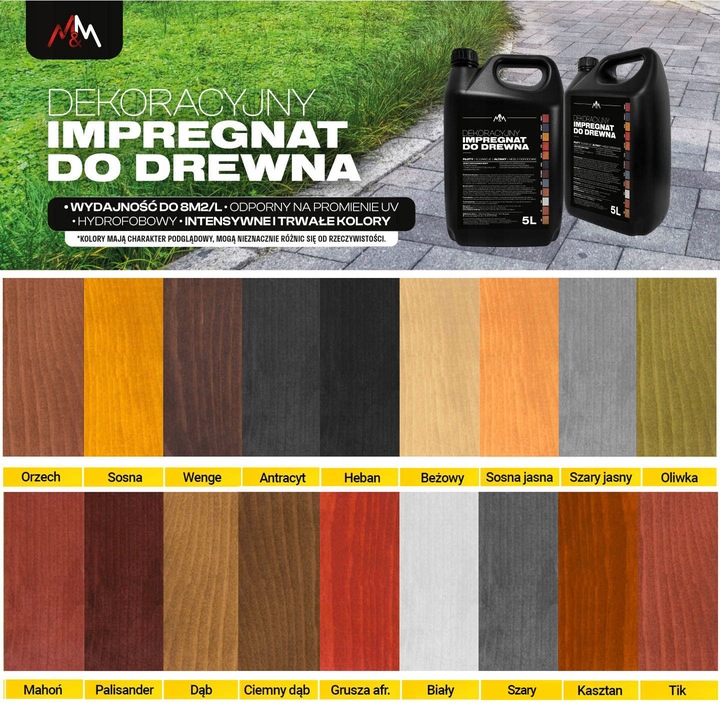 TRWAŁY IMPREGNAT / FARBA DO DREWNA OGRODOWEGO 20 KOLORÓW M&M Z WOSKAMI