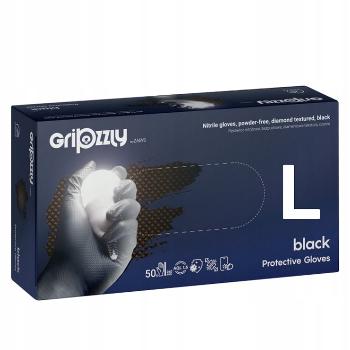 Rękawiczki robocze NITRYLOWE czarne AQL 1.5 GRIPZZLY Black r.L 50 szt.