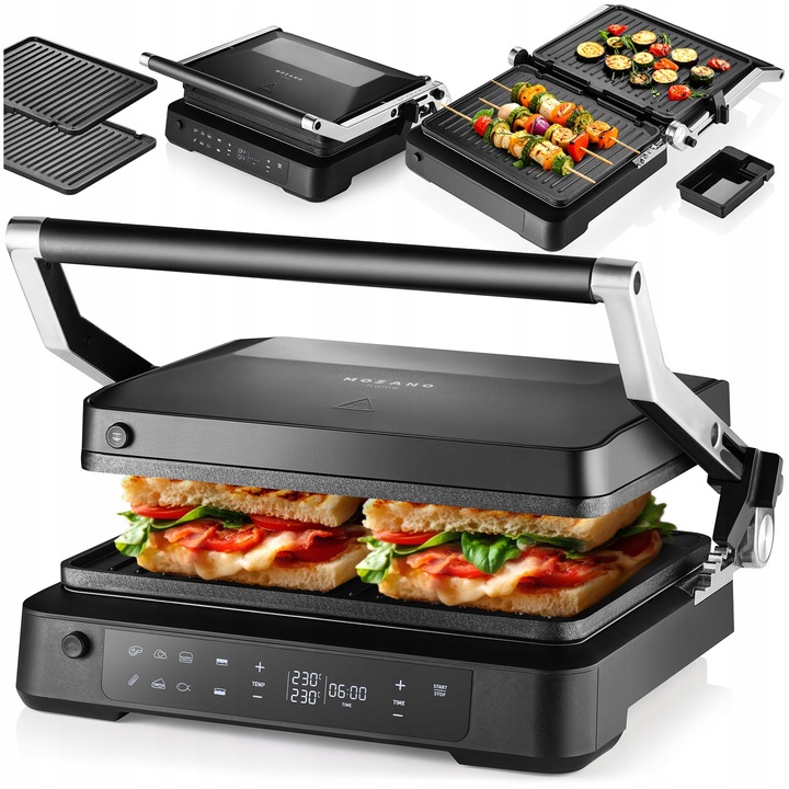 GRILL ELEKTRYCZNY OPIEKACZ ROZKŁADANY 6 PROGRAMÓW 2 TERMOSTATY 2000W
