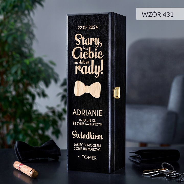 PODZIĘKOWANIE DLA ŚWIADKA PREZENT DLA ŚWIADKA DREWNIANA SKRZYNKA NA WINO