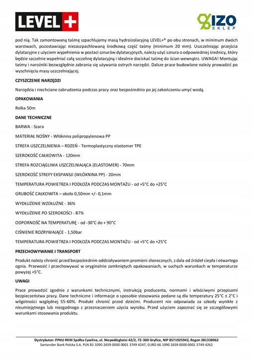 Taśma do Hydroizolacji 20mb Łazienka Balkon B01