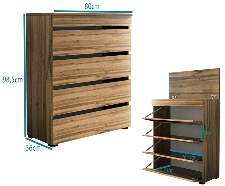 Komoda na buty 80cm ze schowkiem na czapki kluczyki 80 dąb wotan