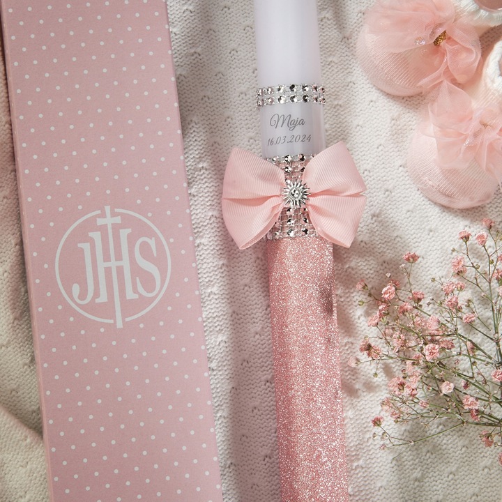 Świeca do Chrztu z pudełkiem, imię, personalizacja pamiątka chrztu świętego