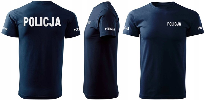 Granatowa koszulka z krótkim rękawem dla policjantów napis odblask POLICJA