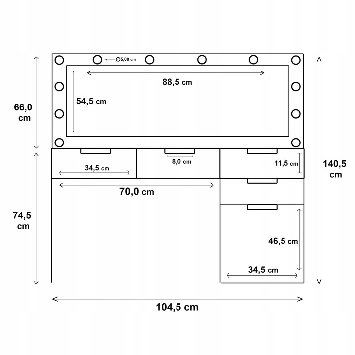 TOALETKA KOSMETYCZNA BIAŁA Z LUSTREM I OŚWIETLENIEM LED SUNNY +