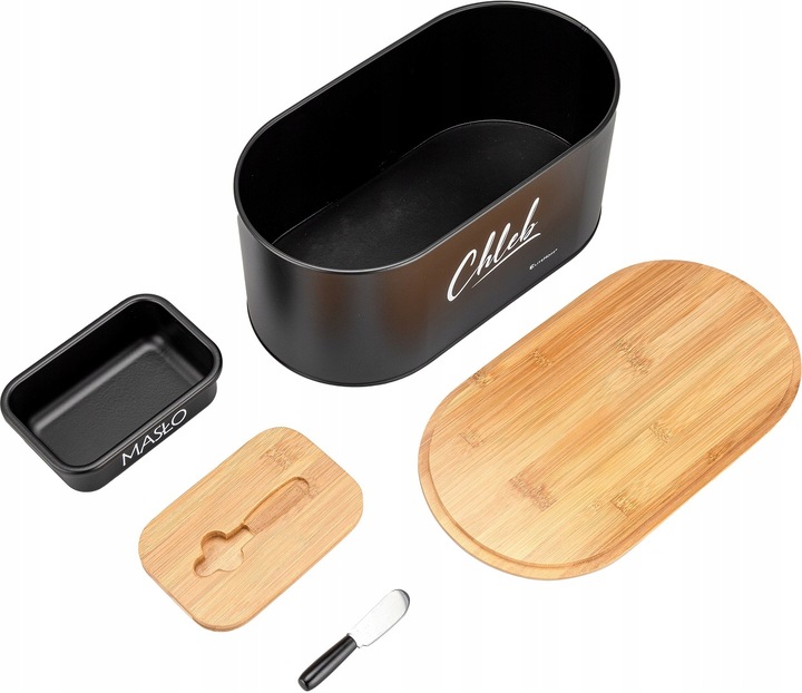 CHLEBAK BAMBUSOWY DREWNIANY CZARNY METALOWY Z MASELNICZKĄ NOŻYKIEM DO