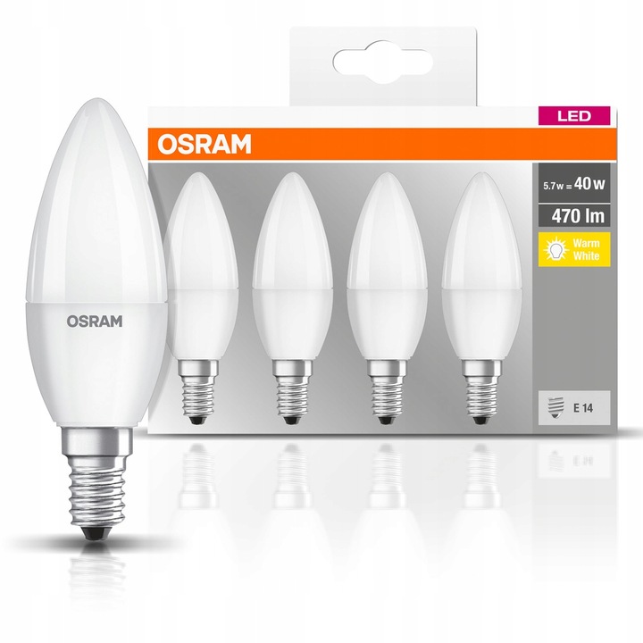 4x Żarówka LED E14 B35 5W = 40W 470lm 2700K Ciepła 300° OSRAM