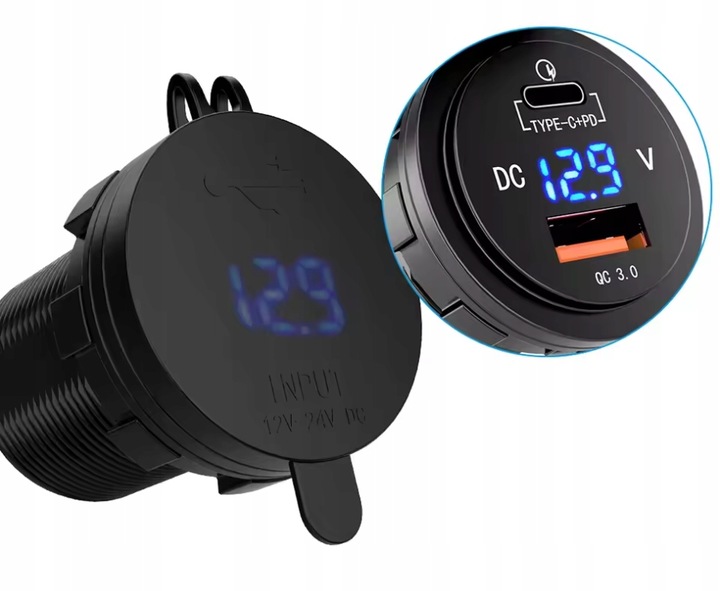 Gniazdo samochodowe USB QC 3.0 PD WOLOTMIERZ 12V 24V IP65 transparent 63W