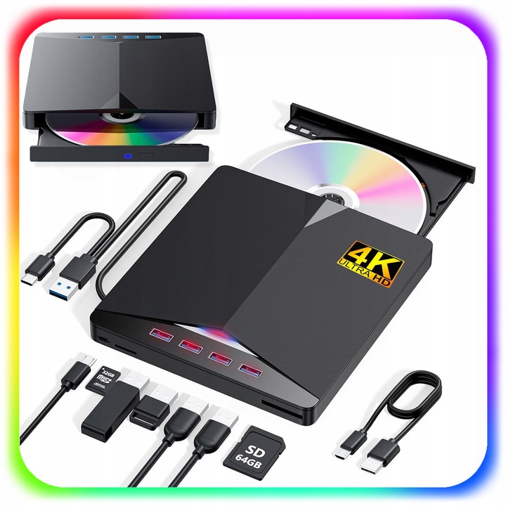 NAPĘD ZEWNĘTRZNY CD DVD ODTWARZACZ PŁYT PRZENOŚNY NAGRYWARKA HUB USB-C 3.0