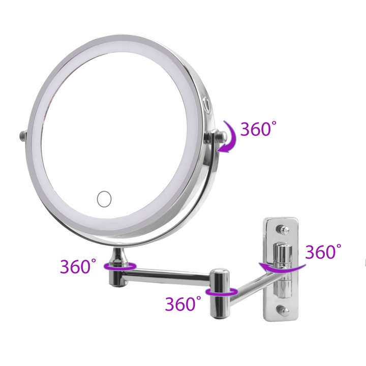 Lusterko kosmetyczne do makijażu podświetlane led obrotowe srebrne