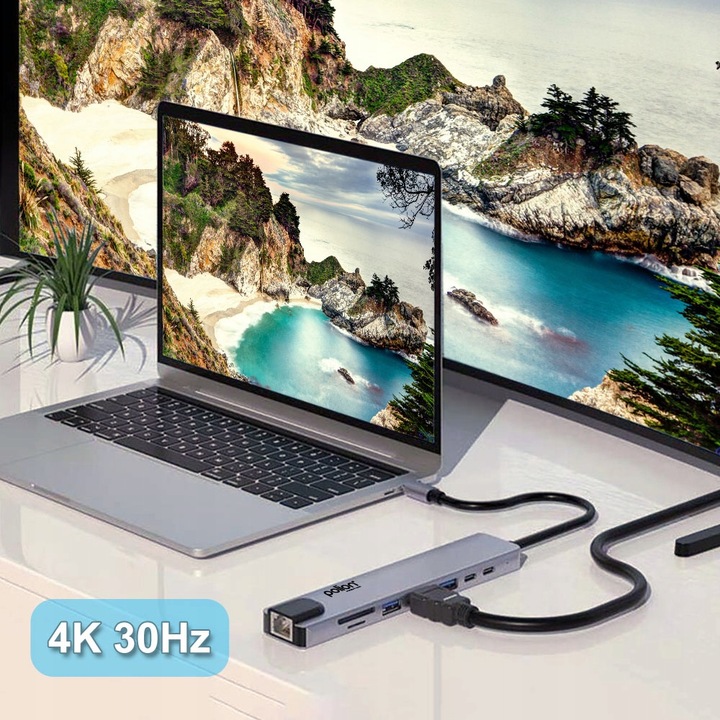 Adapter HUB 8w1 POLION USB-C przejściówka USB 3.0 PD HDMI 4K SD LAN