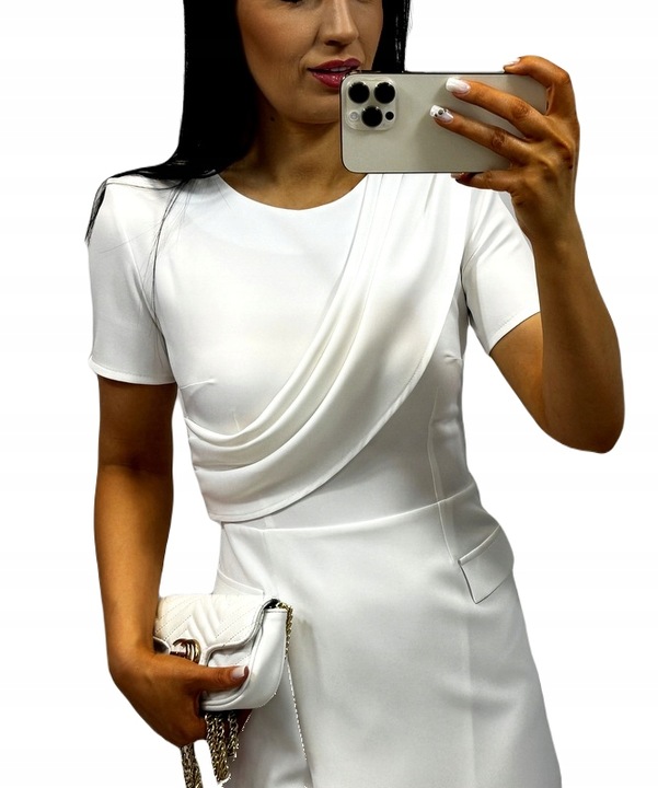 Sukienki Damskie na Komunię Chrzciny Sukienka Elegancka z Szarfą Ecru M