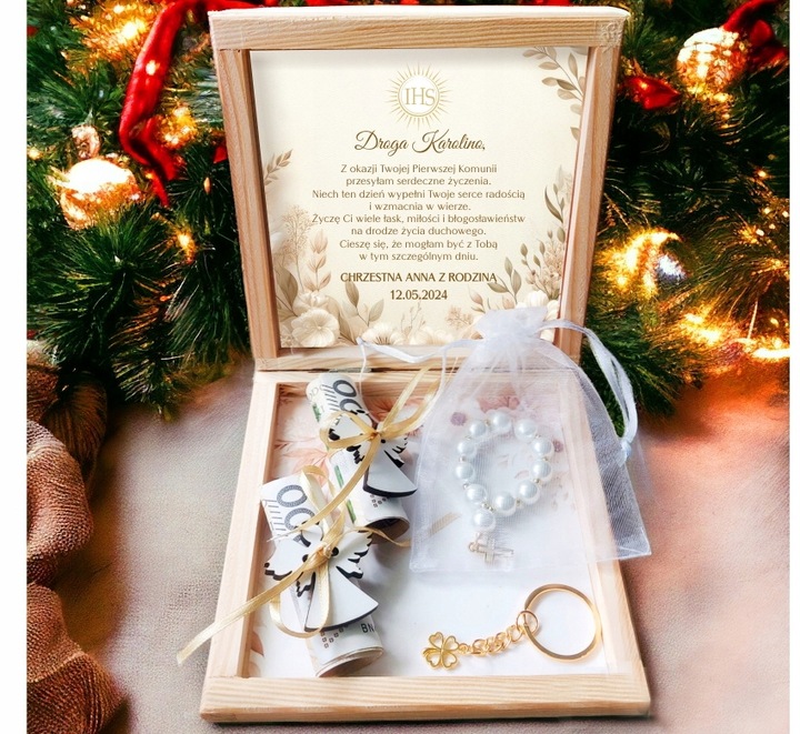 Pamiątka Komunii Świętej PREZENT Na Komunię Różaniec Brelok Pudełko