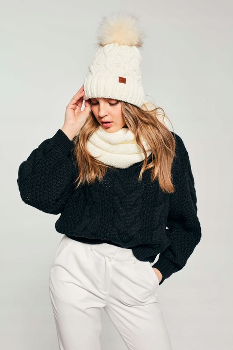 Czapka zimowa damska z pomponem + komin Ecru