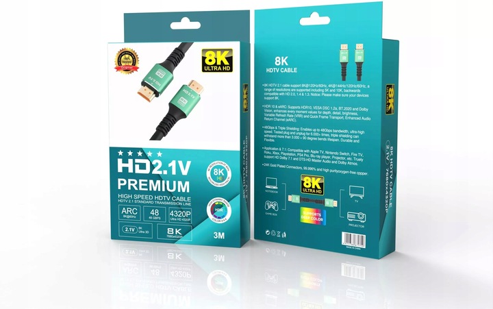 Kabel HDMI 2.1 ULTRA HIGH SPEED UHD 8K 4K 120Hz DO TV PROJEKTORA PREMIUM 3M