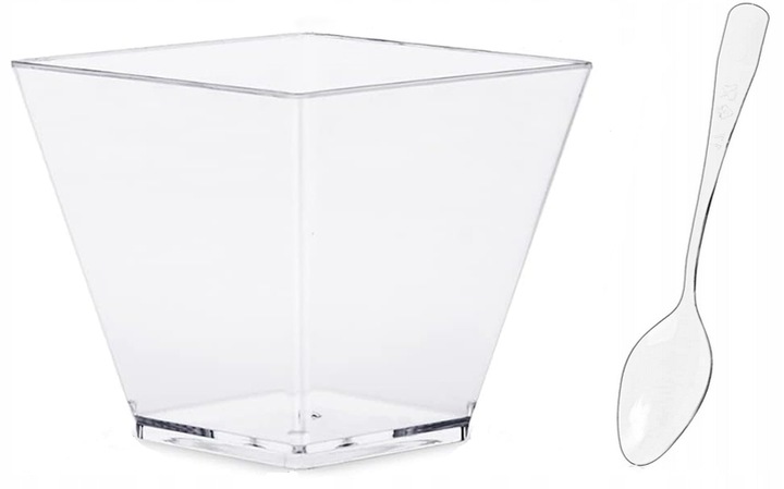 Zestaw Pojemniki piramidki na desery deserki mini 200ml + łyżeczki 50 kompl