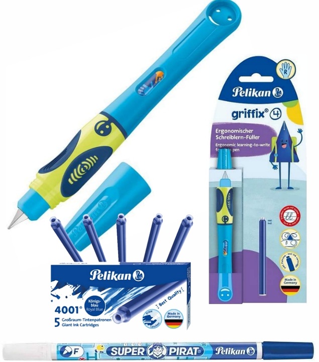 PIÓRO wieczne PELIKAN Griffix dla PRAWORĘCZNYCH + naboje + korektor