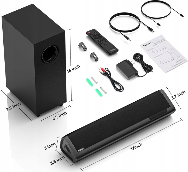 Saiyin Soundbar telewizyjny z subwooferem, 43 cm 2.1ch Surround Sound