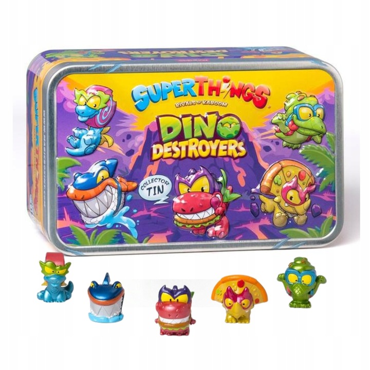 SUPER ZINGS Things Tin Dino Destroyers Puszka Metalowa 5 Figurek