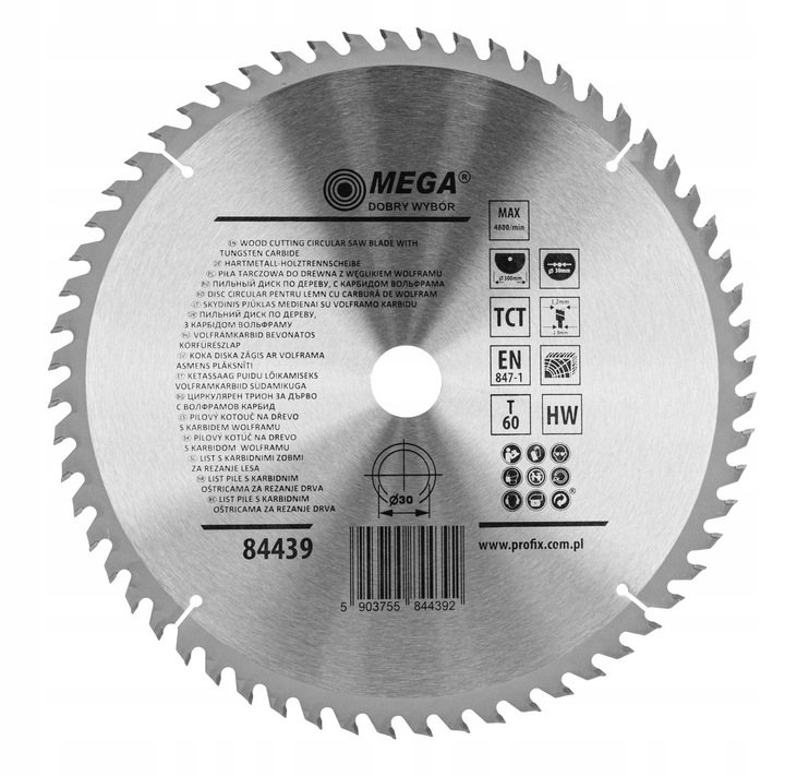 Piła tarczowa do drewna MDF laminatu z węglikiem 300x30mm 60T Mega