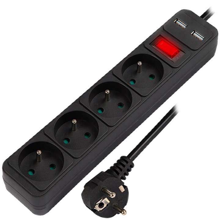 PRZEDŁUŻACZ LISTWA ZASILAJĄCA WŁĄCZNIK GRUBY SZNUR 3M 4 GNIAZDA 2xUSB