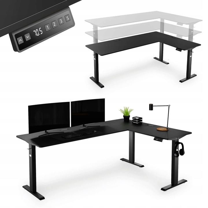 Biurko Narożne Elektryczne Regulowane Gamingowe Regulacja Wysokości