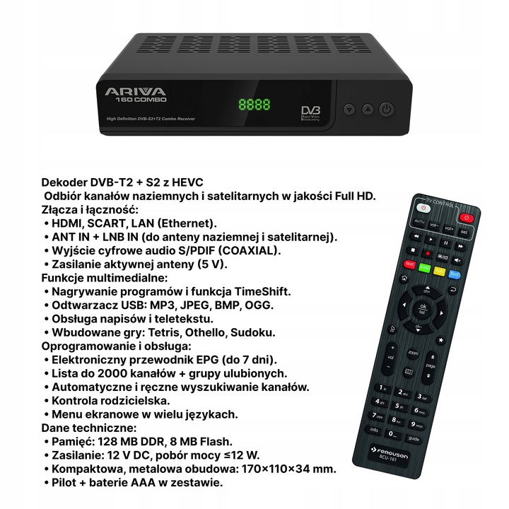 Ferguson Ariva 160 Combo – DVB-T2/S2 FTA, HEVC H.265, Full HD, USB PVR