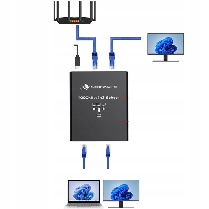 Adapter rozdzielacz mini Switch splitter LAN Ethernet RJ45 3xRJ45 1000M 1GB