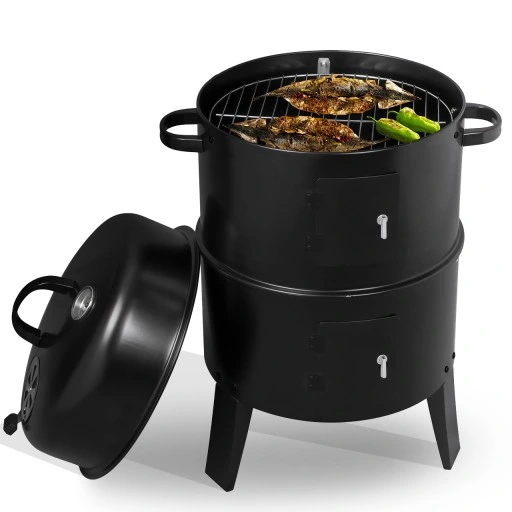 GRILL OGRODOWY WĘGLOWY WĘDZARNIA PALENISKO TERMOMETR OKRĄGŁY PRZENOŚNY 3W1