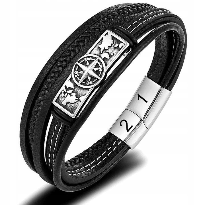 Skórzana Bransoletka z Kompasem i Grawerem – Stylowy Dodatek dla Mężczyzny