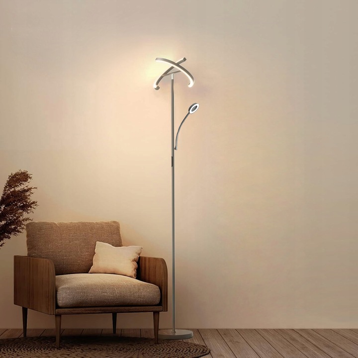Lampa Stojąca LED Podłogowa Srebrna do Salonu Z Pilotem i Elastyczną