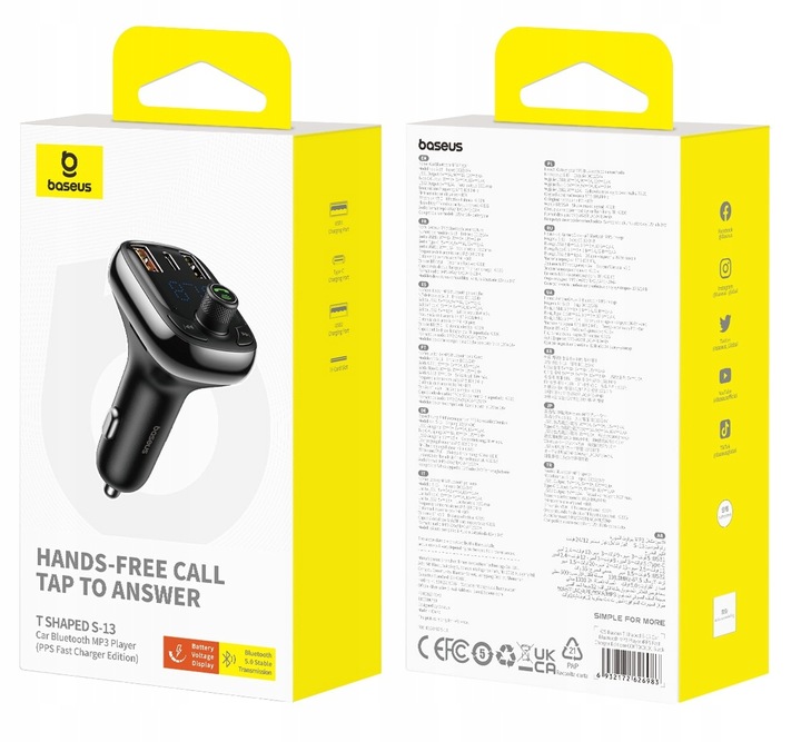 BASEUS TRANSMITER FM BLUETOOTH SZYBKA ŁADOWARKA 3x USB USB-C 36W PD QC