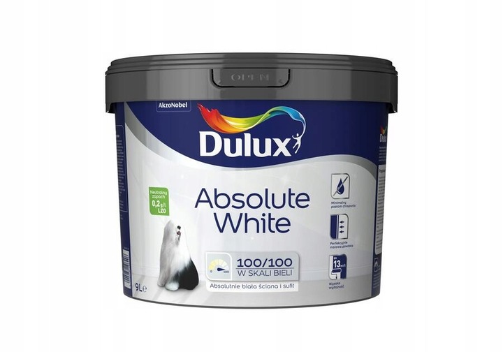 DULUX ABSOLUTE WHITE 9L FARBA BIAŁA DO ŚCIAN I SUFITÓW