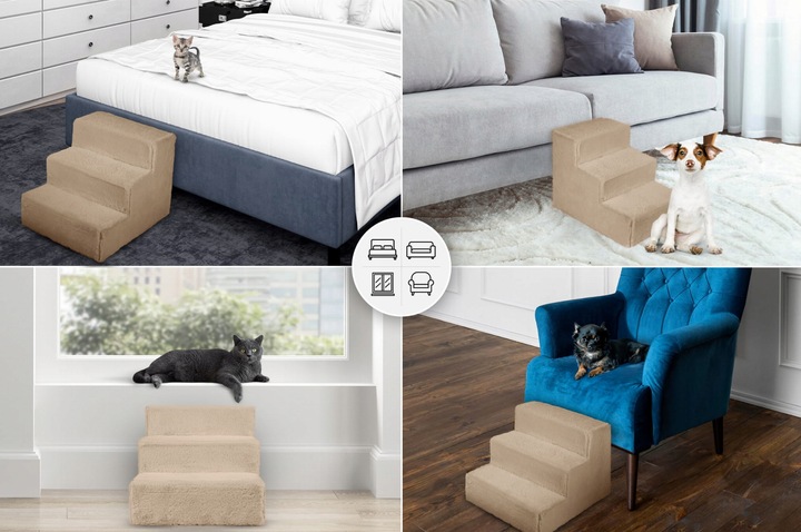 Schodki dla psa 3-stopnie tapicerowane piaskowe podest dla psa do kanapy