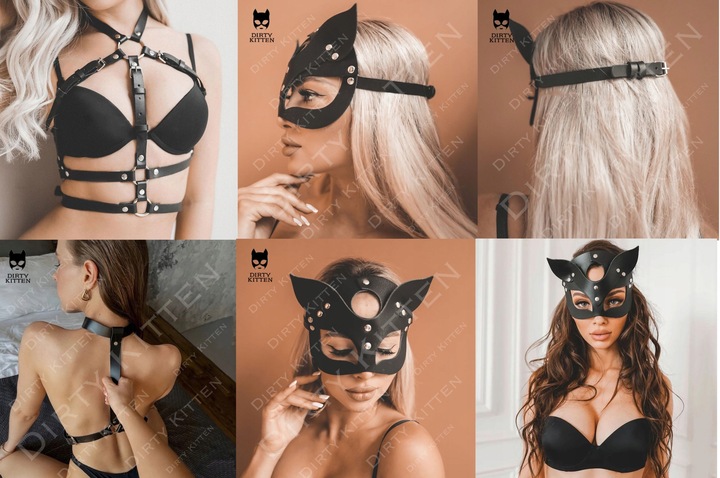 KOMPLET BIELIZNA EROTYCZNA SEXY CZARNA SKÓRZANA S