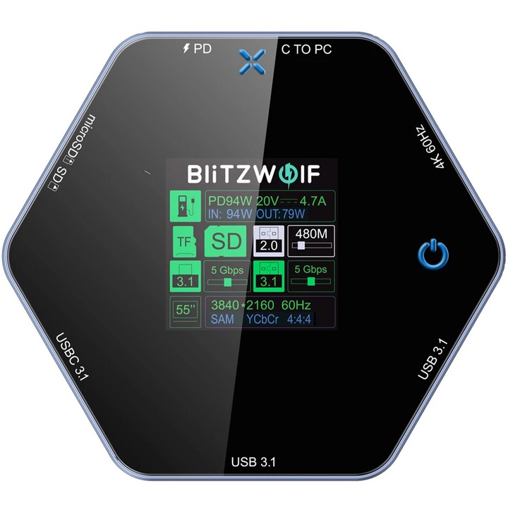 Blitzwolf BW-TH16 Stacja Dokująca HUB 8w1 USB-C PD 100W HDMI 4K Chłodzenie