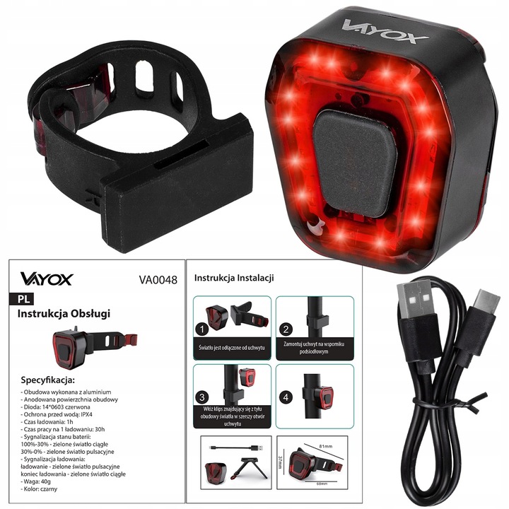 LAMPKA ROWEROWA TYLNA LED NA ROWER ŚWIATŁO CZERWONE MOCNE TYŁ AKU USB VAYOX