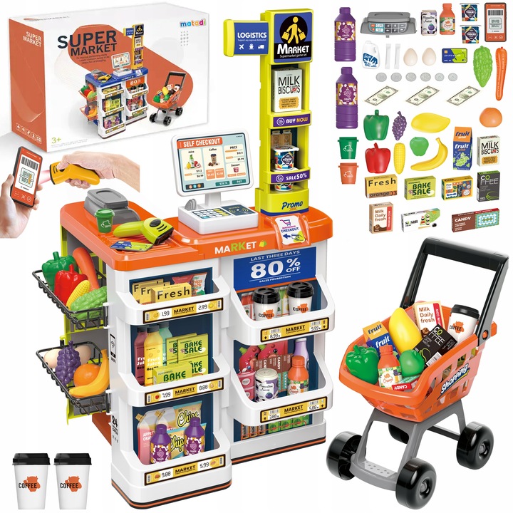 SUPERMARKET SKLEP DLA DZIECI STRAGAN KASA WAGA KOSZYK WÓZEK SMARTFON MATADI