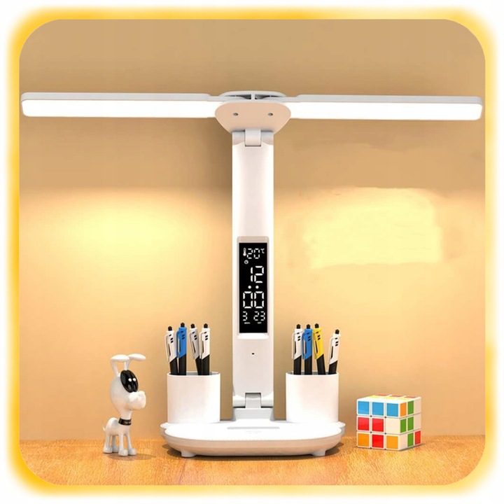 PODWÓJNA LAMPKA BIURKOWA LED Z ORGANIZEREM WYŚWIETLACZEM TEMP ZEGAR