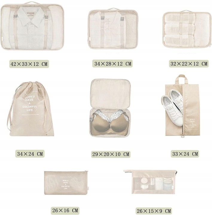 ZESTAW ORGANIZERÓW ORGANIZER PODRÓŻNY WALIZKI SZAFA UBRAŃ KOMPLET 8szt RÓŻ