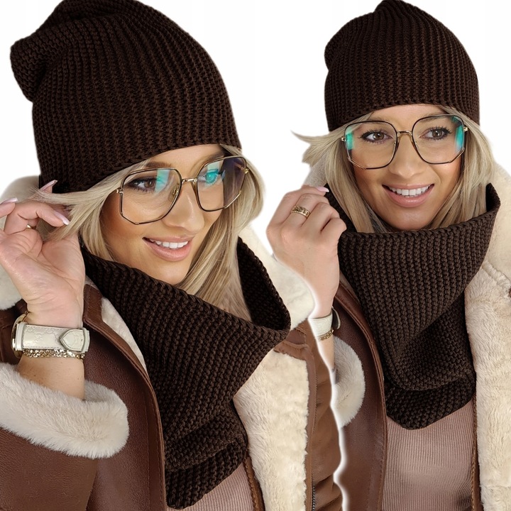 CIEPŁY KOMPLET CZAPKA + KOMIN damski POLSKI zimowy szal CIEMNA