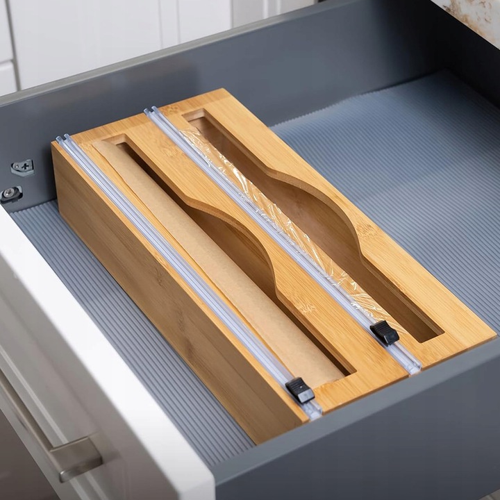 DOZOWNIK BAMBUSOWY DO FOLII SPOŻYWCZEJ Z OBCINACZEM KUCHENNY DWUKOMOROWY