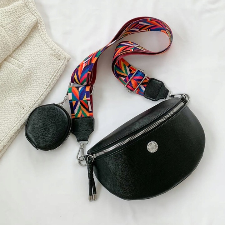 NERKA CZARNA SASZETKA DAMSKA POJEMNA SZEROKI KOLOROWY PASEK SKÓRA EKO