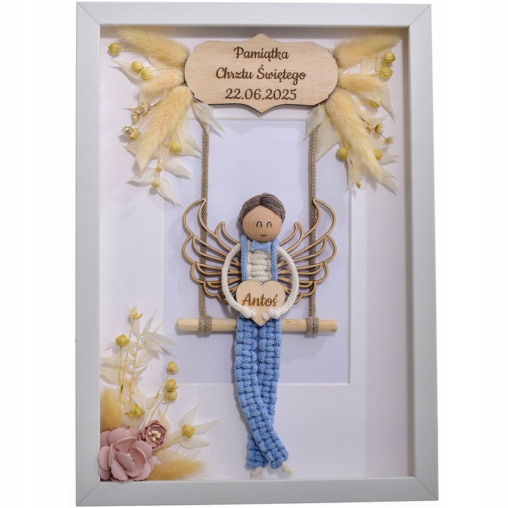 MAKRAMA RAMKA ANIOŁ PREZENT PAMIĄTKA CHRZTU ŚWIĘTEGO KOMUNII ŚWIĘTEJ