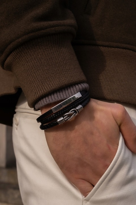 Bransoletka Męska Czarna ze Skóry Srebrna GRAWER Prezent Dla Męża Chłopaka