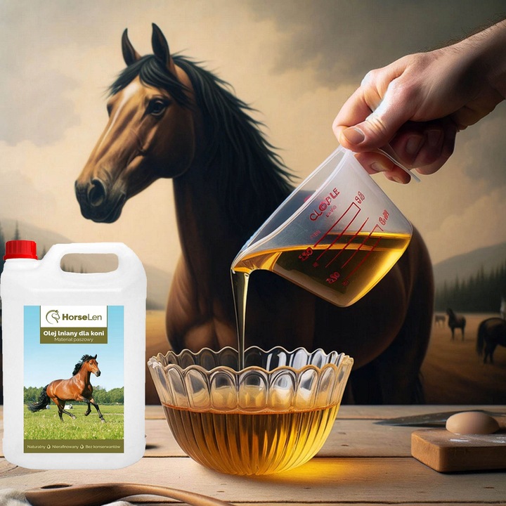Olej lniany dla koni 10L z miarką do odmierzania oleju kubek