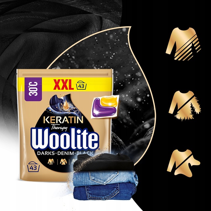 Woolite Kapsułki DoPrania Rzeczy Czarnych Ciemnych Jeans z Keratyną 43szt