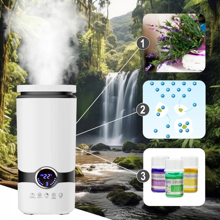 Nawilżacz powietrza AUTOMATYCZNY + AROMATERAPIA 3w1 + 3 OLEJKI FILTR PILOT