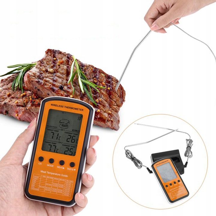 BEZPRZEWODOWY TERMOMETR DO GRILLA WĘDZARNI 2 SONDY CZYTELNY WYŚWIETLACZ LCD
