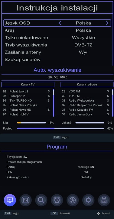 DEKODER TUNER TV DVB-T2 HEVC H.265 FULL HD MINI STICK PILOT BATERIE